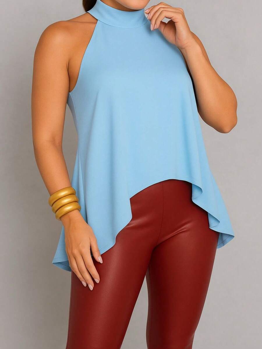 Women's Blouse With High Neck And Asymmetrical Neck Tie - 淺藍色 - 查看 1