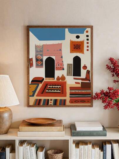 1幅波西米亚风地毯艺术海报 - 摩洛哥风格无框帆布印刷墙饰，充满活力的红蓝橙米色棕白波西米亚图案，适用于客厅、卧室、浴室、厨房、餐厅、办公室，节日乔迁礼物，家居装饰，房间装饰，摩洛哥设计。