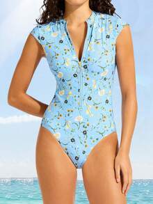 Womens Short Sleeve One Piece Swimsuits 2026 Modest Rash Guard, Zip Up High Neck Full Coverage Bathing Suits - Sky Blue - View 4