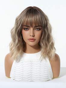 12 Inch Ombre Blonde Wig With Bangs Water Wave Curly Wigs For Women Daily Wear Natural Heat Resistant Syntheetic Wig Perfeect Daily Party Holiday Use - Blonde Highlight - View 4