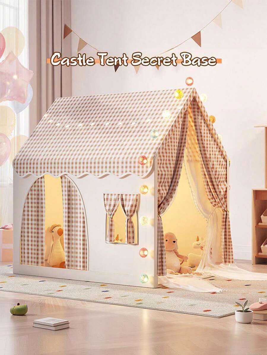 Children's Game House Tent, Large Indoor Parent Child Interactive Game Room, Crawling Game House Tent Suitable For Both Boys And Girls, Outdo Or Fun Game Tent, Durable Checkered Tent, Perfect Gift For Children, Tent For Kids, Cloth Curtain, Tent - Khaki (rèm vải) - Xem 1