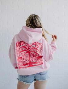 2025Hawaii Hibiscus Letter Print Embroidered Loose Sweatshirt Women's Drop Shoulder Sleeve Ribbed Hoodie Printlong Sleeve Tops,Tops,Hoodies - Pink Palm Tree - View 12