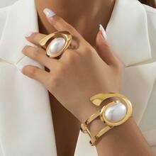 1 Set Exaggerated Metal Inlaid Pearl Half-Bangle Women Bracelet Ring Jewelry Mini Accessory Set - Holiday Gift - White - View 6