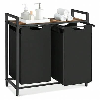 Dirty Laundry Basket, 2 Compartments, Bin, With 2 Removable Oxford Cloth Bags, Metal Frame, 2 X 46 Litres, 73 X 33 X 72 Cm, Rustic Brown And Black