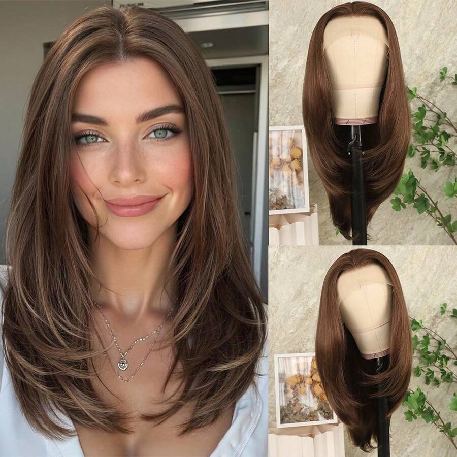 13X4 Brown Layered Wigs HD Lace Front Wigs HD Lace Frontal Wigs Short Curly Lace Front Wig Pre Plucked Glueless Layered Straight Wig Breathable Cap Easy Install Wig Free Part Heat Resistant Fiber Wig For Women For Party Vacation Daily Used 22 Inch - Light Brown - 查看 1
