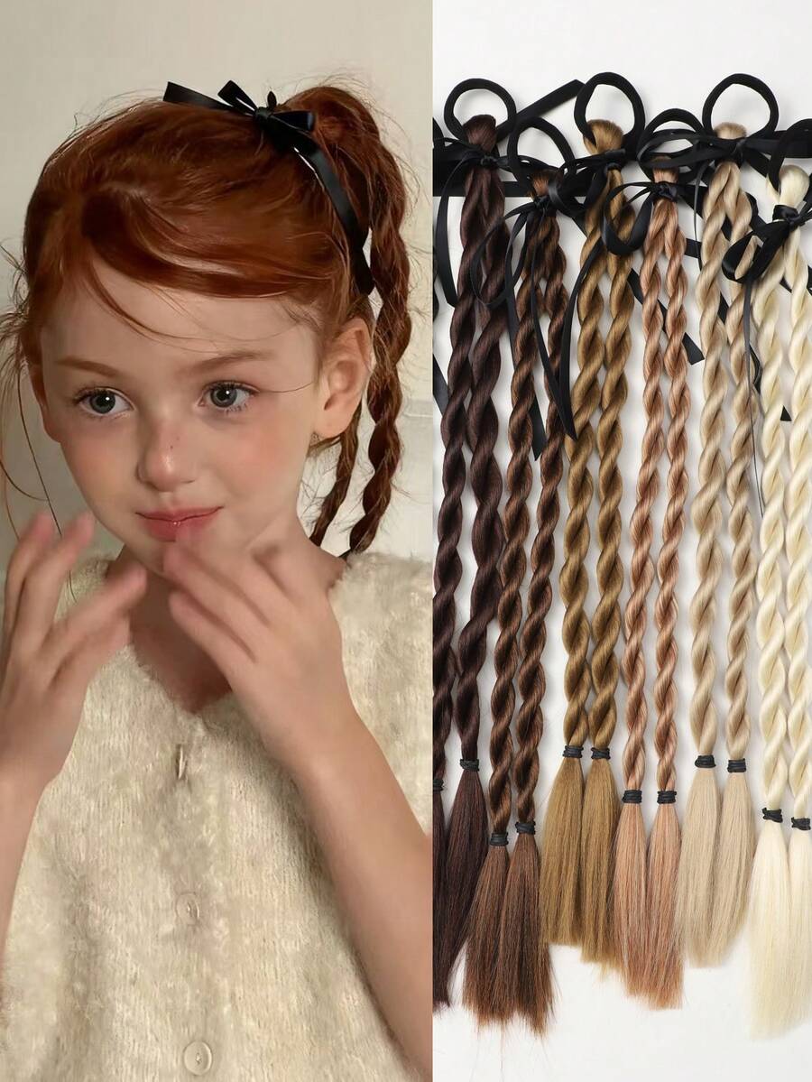  1pc Kids Sweet Cool Braided Ponytail Wig Boxing Braid Hair Accessory With Ribbon Bow Hair ﻿