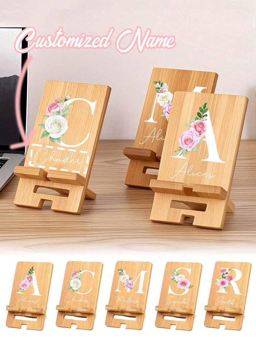Customized Personalized Portable Phone Holder With White Flower Letters,Customize Your Name, Initial A-Z ,Carving Techniques Diy Detachable Assembly Phone Holder,Creative Integrated Folding Phone Holder,Carving Flower Letter Patterns With Lines, Lazy Desktop Retractable Phone Holder,Valentine's Day Gifts, Ramadan Gifts, Thanksgiving Gifts - Multicolor - View 1