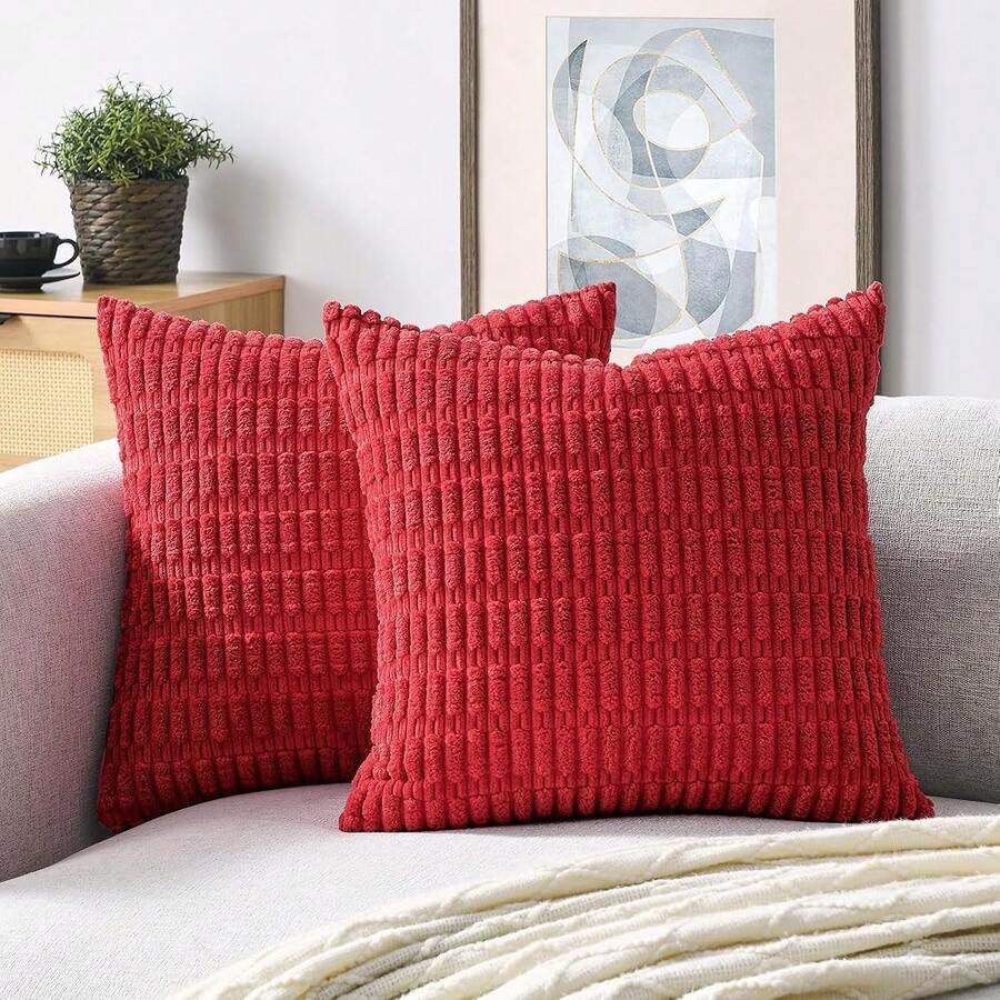 Volcanics Christmas Pillow Covers 18x18, Pack Of 2 Red Soft Corduroy Striped Decorative Throw Pillow Covers, Modern Farmhouse Boho Home Decor,18inchx18inch(Packof2),Red - 紅色的 - 查看 1
