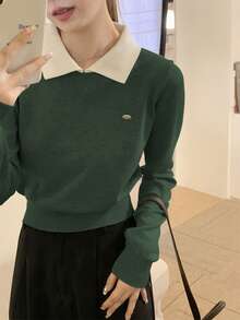 Korean Polo Collar Autumn/Winter New Short Top, Thin Top, Contrasting Color, Long Sleeved Women's Sweater