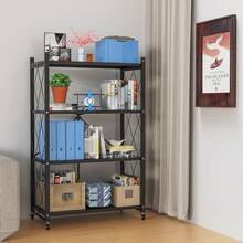 4-Tier Foldable Storage Shelf With Wheels - Metal Rack Collapsible Shelving Unit Display, Rolling Cart For Books Kitchen Storage Shelves, Pantry & Closet Organizer, Office Room Decor - Black - View 1