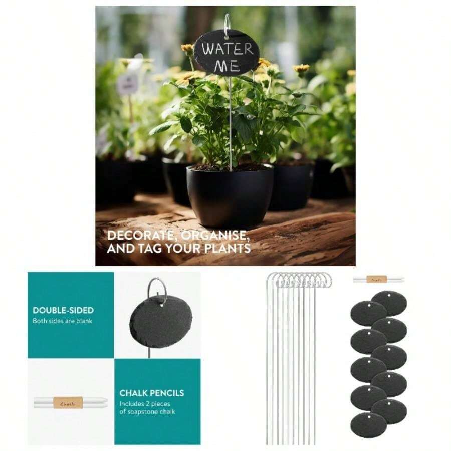 Marcadores de pizarra para plantas - Set de 10x Carteles de pizarra ovalada con 10x estaca y 2x Tiza - Etiquetas ovaladas de 10x para huerto semilleros - 10x ovalados - Ver 1