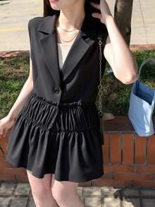 DAZY Women's Black Mesh Splice Blazer, Elegant Professional Office Wear Casual,Ruffle Buisness Attire