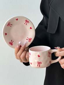 Conjunto de 1 xícara e pires de cerâmica com laço rosa, elegante xícara e pires de cerâmica floral, delicada xícara para chá da tarde, xícara para leite no café da manhã em casa, xícara para água, xícara para suco, xícara para café no escritório, xícara para café saudita, xícara para presente - Multicolorido - Ver 8