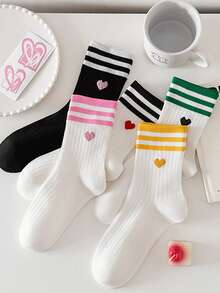 5 pares de calcetines hasta el tobillo para mujer con bloques de color, decoración de corazón, estilo lindo y dulce, casual, deportivo y escolar - Multicolor - Ver 3
