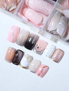 24pcs/Set Medium Square Shiny Colored French Manicure Nail Stickers, Containing Glter, Full Coverage Acrylic False Nails, Inclus 1pc Jelly Gel And 1pc Nail File, Suable For Women And S For Daily Work, Study And Garings - Multicolor 10 - 查看 11