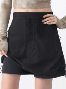 女士夏季冰丝速干二合一半身裙，弹力腰带抽绳尼龙四向弹力防闪光户外半身裙，带拉链口袋 - 黑色 - 查看 13