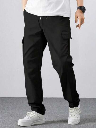 Men's Solid Color Multi-Pocket Boxer Long Pants, Outdoor Sports Drawstring Long Pants, Elastic Waistband Design, Suitable As A Gift For Husband Or Boyfriend