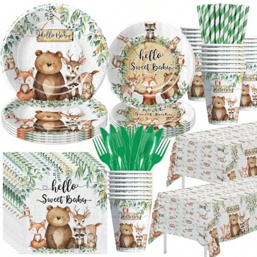 DWoodland Baby Shower Decorations Tableware Forest Creatures Animal Theme Woodland Baby Shower Party Plies Paper Plate Cup Napkin Tablecloth Disposable Cutlery Straws Serves 24 - xanh trắng - Xem 1