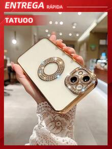 1 Peça Capa De Telefone Transparente Decoração Com Pedras Strass, Compatível Com Iphone 16/16Pro/16Plus/16ProMax - Dourado - Visão 4