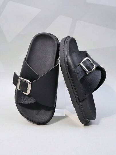1 Pair Of Girls' Open Toed Sandals, Decorated With Black Metal Buckle Cross Band Elements, PU Material, Soft And Easy To Wear, Low Cut Design, Buckle Style, Flat Heel Style, Versatile Minimalist Style Shoes, Suitable For Daily Wear And Short Distance Travel