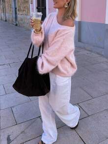 SEREN Autumn/Winter New Valentine's Day Pink Sweater, Women Loose Sexy Off-Shoulder Knit Top, Suitable For Dates And Holidays - Pink - View 7