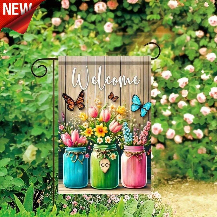 Easter Holiday Garden Banner 12x18 Inch - Seasonal Yard Outdoor Decor, No Flagpole Included, Charming Spring Festive Patterns (Bunny/Flower/Egg), Durable Outdoor Flag For Home Garden, Patio, Yard & Easter Parties, Ideal Gift For Holiday Shoppers & Outdoor Decor Enthusiasts - 彩色 - 查看 1