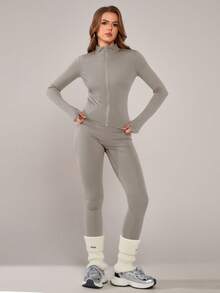 NcmRyu 一套女士弹力拉链休闲日常穿着立领设计收腰舞蹈运动服 - 卡其色 - 查看 8