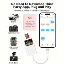 二合一TF卡+SD卡读卡器适配器，双卡槽设计，支持SD和MicroSD卡，即插即用，兼容 17/16/15/14 Pro Max/14 Pro/14 Plus/14/13/12/11/XS/XR/8/7/6、iPad系列等机型。 - 白色 - 查看 7