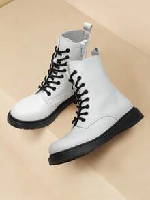 Women Lace-Up Combat Boots Ankle Booties Round Toe With A Lace-Up Front And Side Zipper Retro Motorcycle Boots - trắng - Xem 4