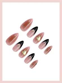 24片法式美甲贴纸，中号杏仁形，星空装饰，3D合金心形水钻设计，XXL/XXXL尖头复古风格，光滑表面，全覆盖假指甲，适合女性和女孩日常佩戴的美甲用品 - 彩色 - 查看 3