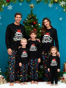 Family Matching Christmas Pajamas Set Letter String Lights Print Holiday Pajamas Sleepwear Pants Set Festival Party Pj Set Sleepwear 2Piece Xmas Oufit