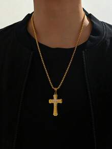 1件装时尚不锈钢多层十字架吊坠，镶嵌立方氧化锆，男士时尚项链 - 十字架項鍊 - 查看 1