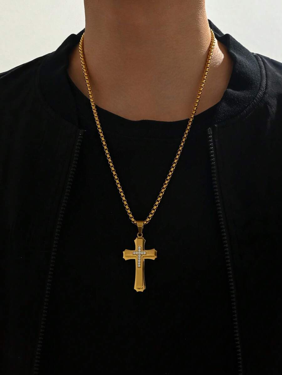 1件装时尚不锈钢多层十字架吊坠，镶嵌立方氧化锆，男士时尚项链 - 十字架項鍊 - 查看 1