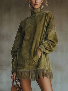 2 High-Necked Suede Fringed Dress With Loose Long Sleeves And Pocket Design. Three-Dimensional Cut Shape Bohemian Style. Fall/Winter Relaxed And Fashionable Item. Fashionable Women's Outerwear. Christmas Gift. . - 棕色 - 查看 4