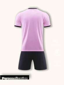 2pcs Customized Pink Football Training Suit For Women - Personalized With Name And Number (Front/Back), Short Sleeve Jersey Paired With Black Shorts - Quick-Dry Breathable Sports Set - Suitable For Football, Volleyball, Basketball, Casual Wear, Also An Ideal Gift For Halloween, Thanksgiving, Christmas And New Year Summer, Pink Outfit For Women - Pink - View 2