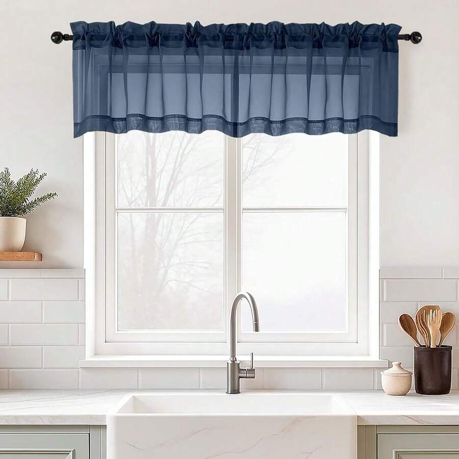 Navy Blue Valances For Windows 14 Inch Length 2 Panels, Small Voile Sheer Curtains For Bathroom, Soft Fabric Lightweight Light Filtering Kitchen Curtains, Dual Rod Pocket, 2x42Wx14L Inches,42inchWx14inchL(Packof2),NavyBlue - 海軍藍 - 查看 1