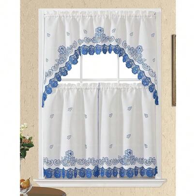 Cortinas de cocina Rosarium de encaje GOHD, juego de 3 piezas de cortinas y cenefas de cocina, tela blanca elegante con bordado de rosas y encaje. (Azul, cenefa y juego de volantes de 34 pulgadas), 51 pulgadas de ancho x 63 pulgadas de largo (paquete de 1), azul