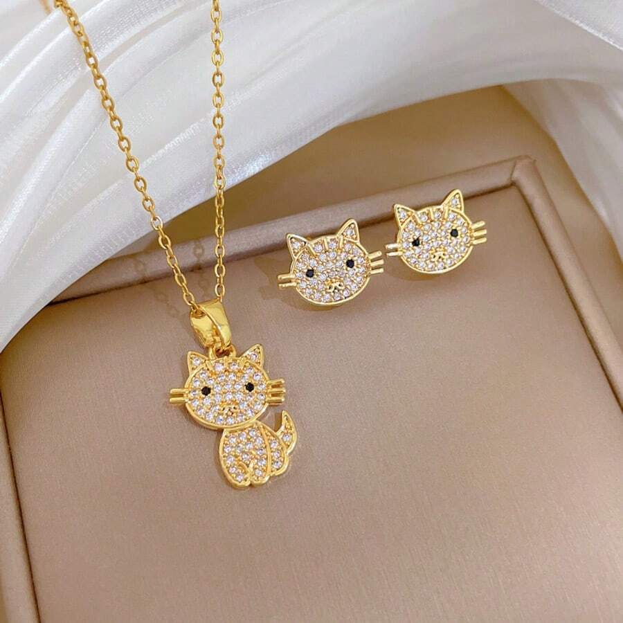 1 Bộ trang sức mặt dây chuyền hình mèo bằng thép không gỉ Zirconia và hoa tai dành cho nữ, thiết kế tối giản đa năng, phù hợp cho cuộc sống hàng ngày/dự tiệc, phụ kiện quà tặng - Mèo Vàng - Xem 1