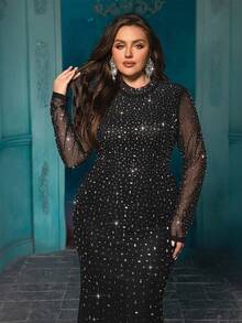 Damen Große Größen Glitzernde Strass-Abendkleider Mesh Meerjungfrau Brautjungfer Hochzeitsgast Cocktailparty Maxikleider Gala Abschlussball Herbst - Schwarz - Übersicht 8