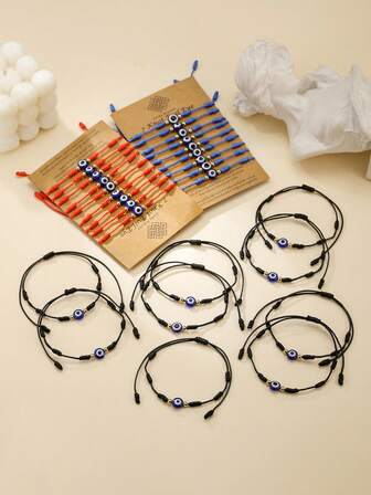 Set de 9 piezas de pulseras trenzadas hechas a mano con cuentas, elementos de ojo malvado de resina CCB, hilo encerado y estilo retro a prueba de agua, adecuado para uso diario de hombres y mujeres