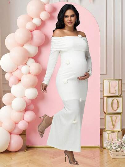 JustVH Maternity Elegant Floral Decor Off Shoulder Long Sleeve Spring Dress Bodycon Gown With Split Hem For Baby Shower, Photoshoot, Party
