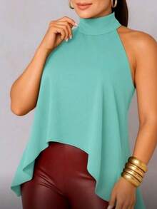 Women's Blouse With High Neck And Asymmetrical Neck Tie - Green - View 2