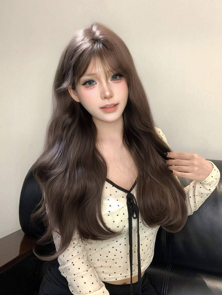 alicegarden 棕色波浪假发，带刘海，长款自然合成假发，日常佩戴，角色扮演，耐热 - 棕色 - 查看 1