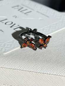 1pc Unisex Fashion Punk Goth Dark Butterfly Pomegranate Red Crystal Open Ring, Unisex Men Women Finger Ring, Suitable For Daily Decoration Wear