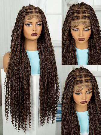 A ANYTIME 合成全蕾丝波西米亚风辫子假发，盒式辫女神假发，卷发渐变金色玉米辫假发