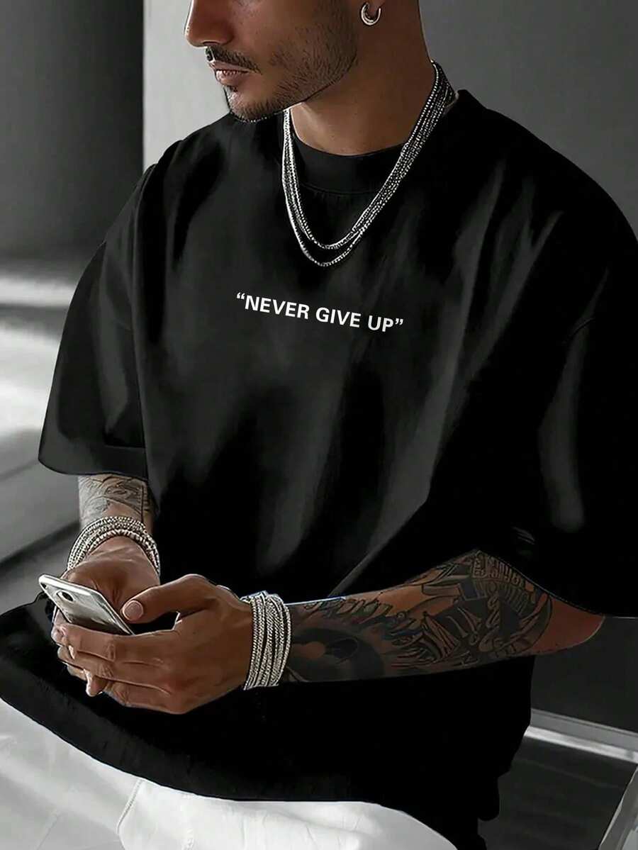 Men's Letter & Cartoon Graphic Round Neck Short Sleeve Casual T-Shirt - Black - View 1