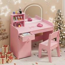Kids Vanity, Lofka Princess Makeup Vanity Desk , Open Shelves, Storage Cabinet & Drawer,  Mirror Toddler Vanity Table & Chair Set For Little Girls (Pink) - Hồng - Xem 2