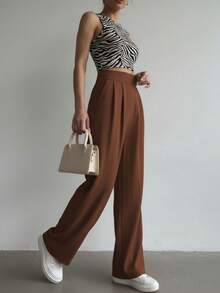 Women's High Waist Wide Leg Pants With Waist Patch And Adjustable Waistband - 鏽棕色 - 查看 2