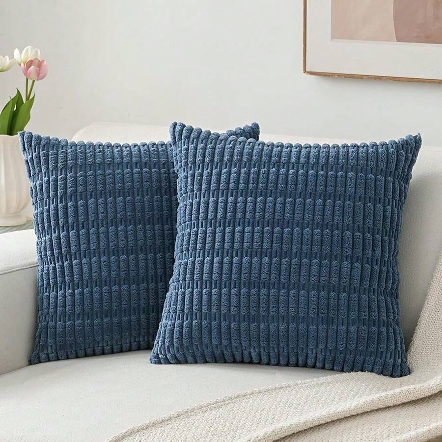 Volcanics Pack Of 2 Corduroy Decorative-Throw-Pillow-Covers-18x18, Soft Striped Square Cushion Cases, Modern Farmhouse Boho Home Decor, Blue,18inchx18inch(Packof2),Blue - Blue - 查看 1
