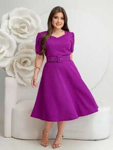 Vestido Moda Evangélica Jacquard com Relevo Saia Rodada Godê Manga Curta com Cinto - Novo Modelo - Roxo - Visão 4